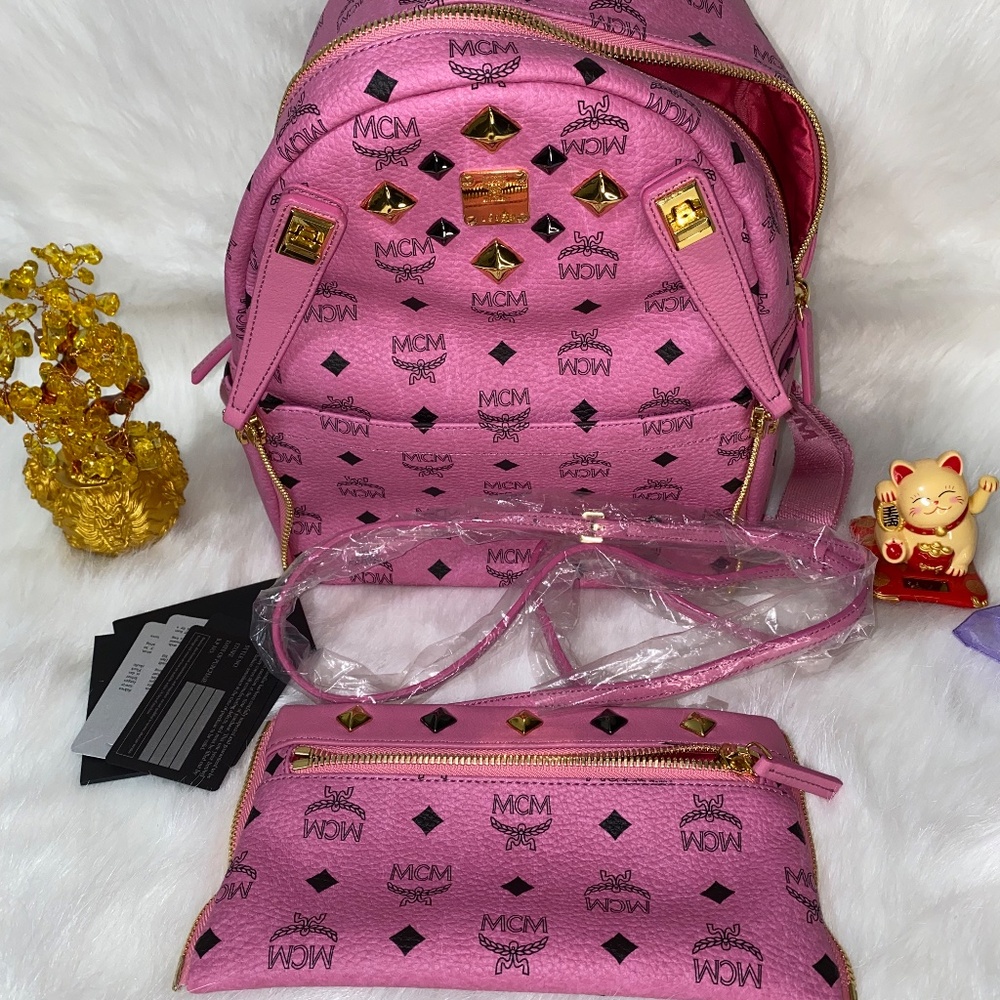 Mcm Pink Backpack Canvas Viseto Studs Preowned Au… - image 1